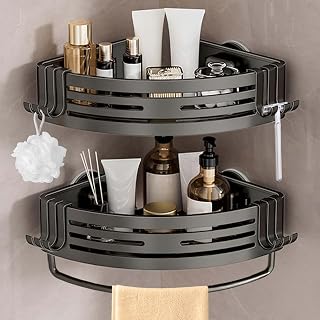 Conworld Corner Shower Caddy with Suction Cups, Shower Suction Shelf With Towel Bar, Wall Bathroom Shower Organizer Corner with Hooks, No-Drilling Removable (Aluminum, 2-Pack, Gunmetal Gray)