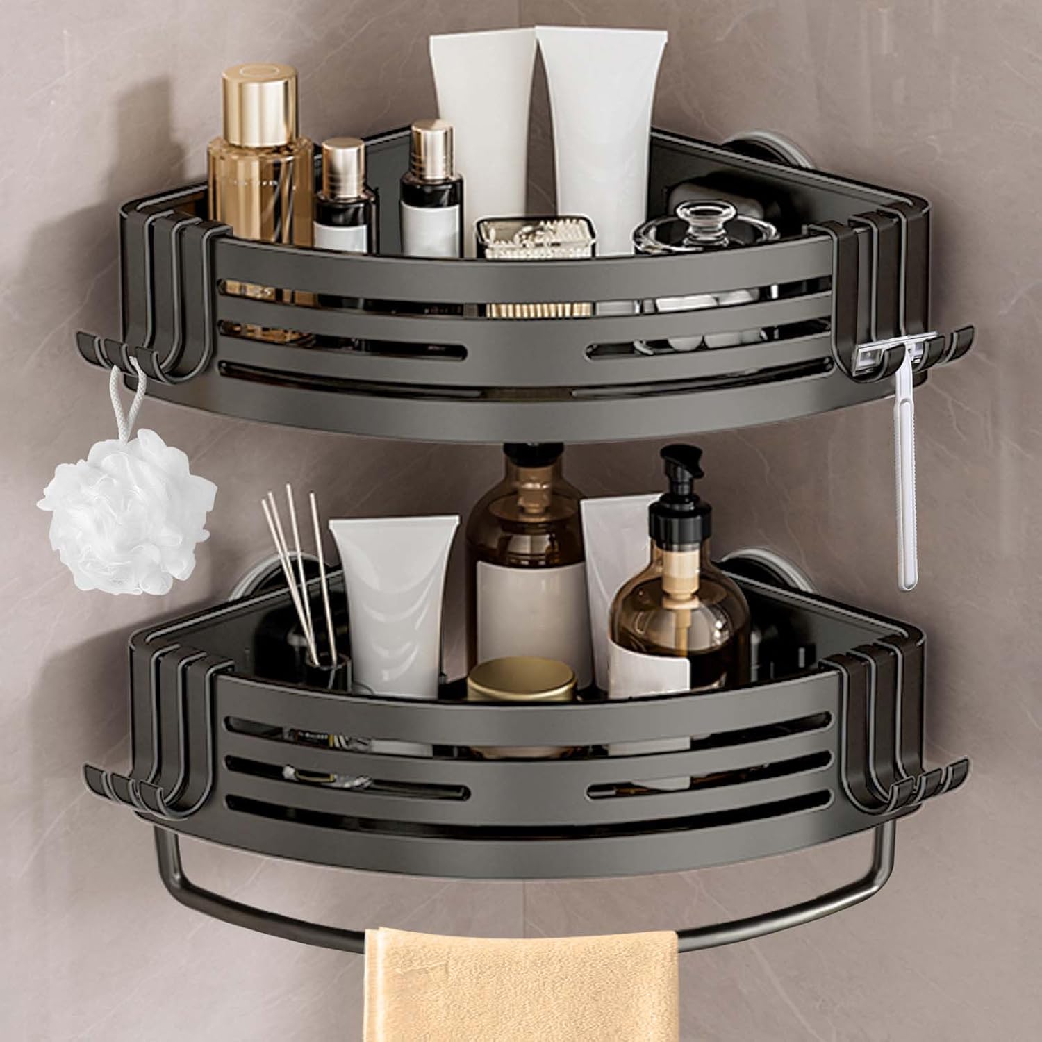 Conworld Corner Shower Caddy with Suction Cups Shower Suction Shelf With Towel Bar Wall Bathroom Shower Organizer Corner