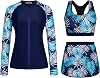 JASAMBAC Womens 3 Piece Rash Guard Zip Up UPF 50 Swim Shirt Built in Bra Long Sleeve Swimsuits Swim Skirt with Bikini Brief