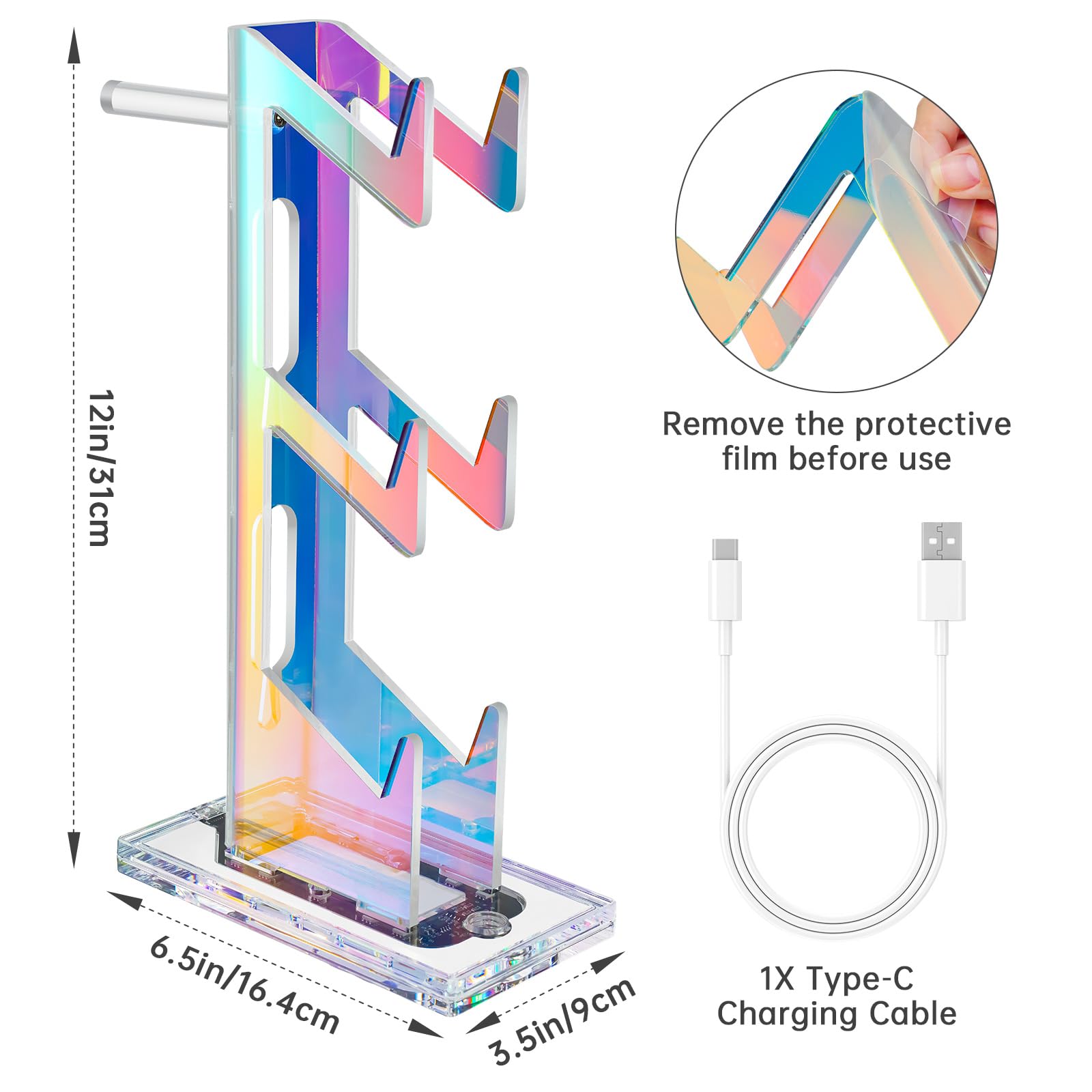 NiHome Iridescent Acrylic Multi-Tier Game Controller & Headset Holder Stand with Customizable LED Lighting, USB-Powered 7 Colors & 3 Modes, Anti-Slip Gaming Desk Organizer & Cable Management (3 Tiers)