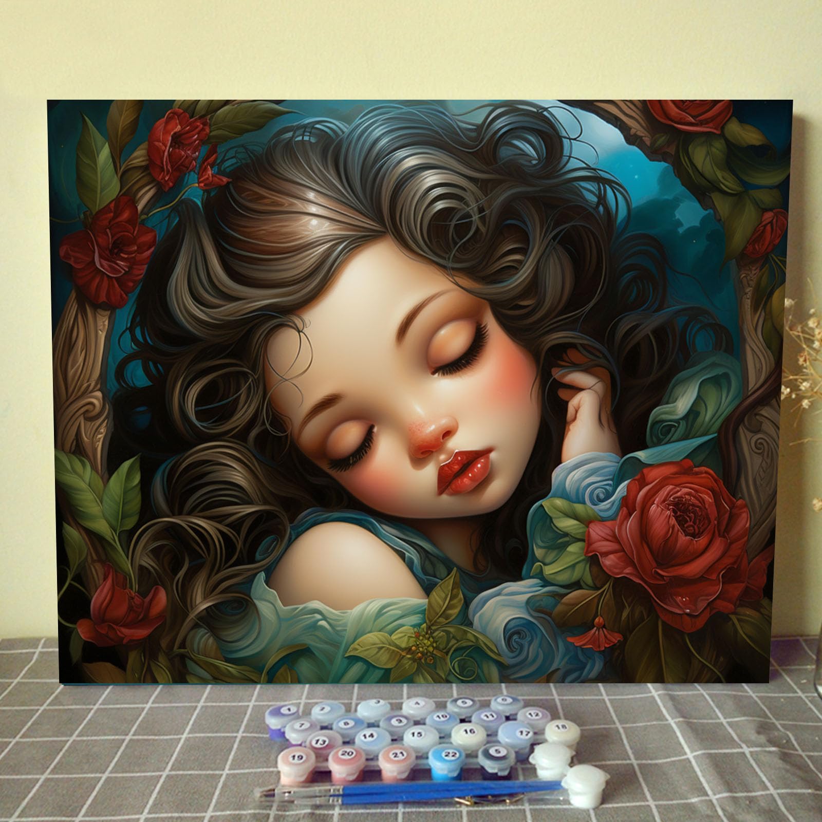 Sleeping Beauty and Red Rose Digital Painting Paint by Numbers Kit for Adults Acrylic Colorful Fantasy Style Oil Painting Set Painting for Beginners Wall Decor Gift 16X20 in (Frameless)