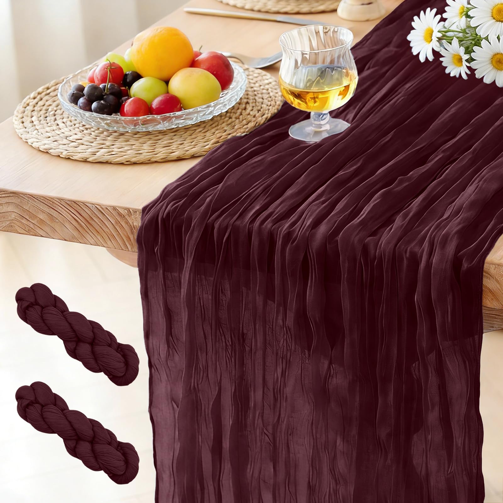 2 Pack Cheesecloth Table Runner Wine Red, 300 x 90 CM Bohemian-style Gauze Rustic Gauze Fabric Tablecloth for Wedding, Parties, Christmas and New Year's Eve Table Decoration