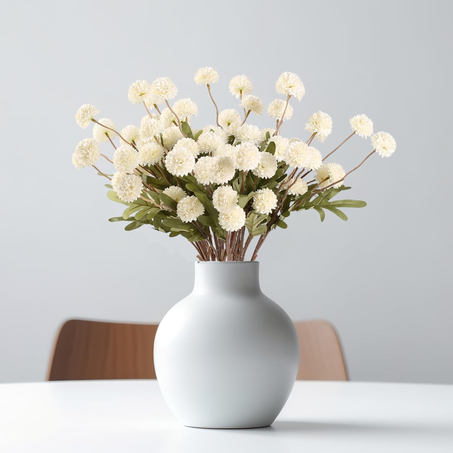 HNVNER 10PCS Artificial Faux Flowers for Vase, Ivory White Mini Fake Mums Flowers Long Stem, Realistic Silk Small Chrysanthemum for DIY Bouquets Wedding Home Table Kitchen Décor