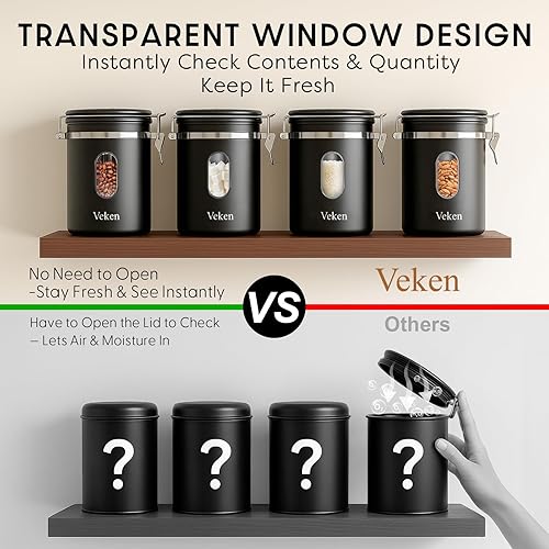 Miniatura 2 de Veken Recipiente de café con ventana, recipiente hermético de almacenamiento de alimentos de cocina de acero inoxidable con tapas, rastreador