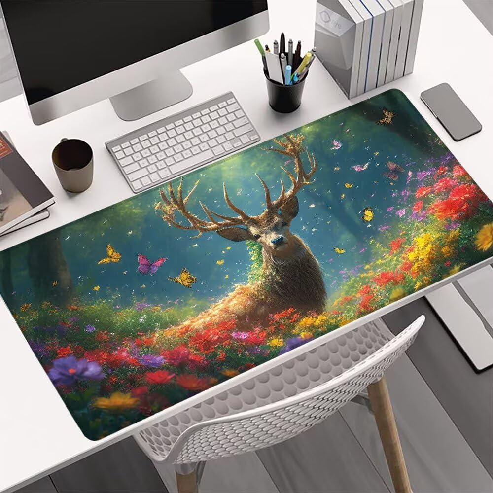 Podkładka pod mysz, do gier, jeleń, 1200 x 600 x 3 mm, duża podkładka pod mysz, leśna, antypoślizgowa gumowa podstawa, akcesoria do klawiatury, wodoodporna powierzchnia, przeszyte krawędzie, ulepszona