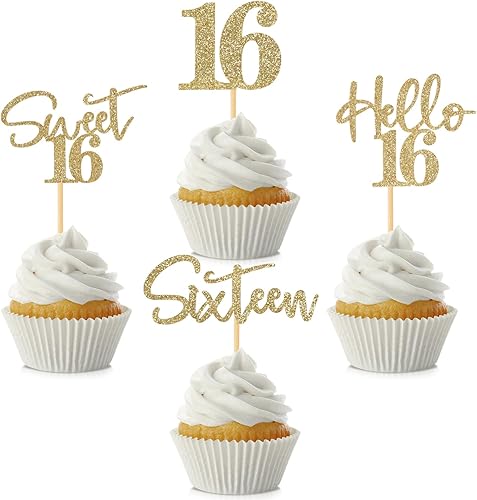 48 adornos para cupcakes de cumpleaños de 16 años, con purpurina Sweet 16 Hello 16, decoración para tartas de dieciséis años, para niños y niñas,