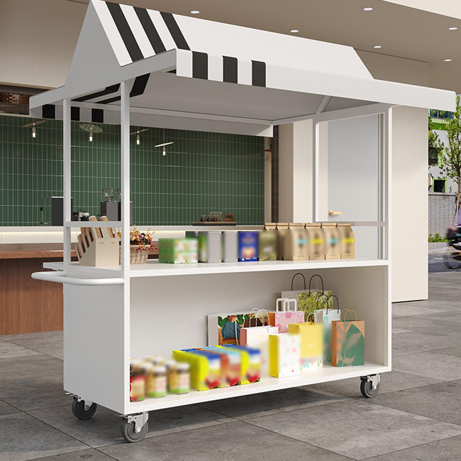 Carrito de alimentos portátil resistente con toldo, soporte rodante de 140 cm para aperitivos y bebidas de panadería, carrito de exhibición al aire libre para eventos y minoristas (negro)