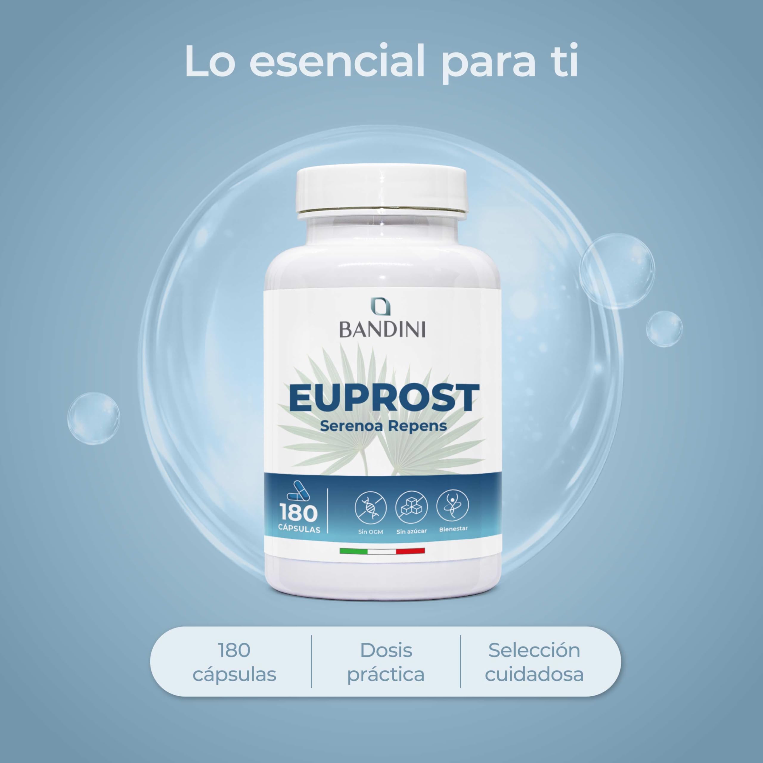 Bandini® Euprost Saw Palmetto 180 Cápsulas | Serenoa Repens con Semillas de Calabaza, Ortiga, Zinc, Vitamina D3 y B6 | Palma enana para Hombres | Extracto 20:1 estandarizado al 30% en ácidos grasos