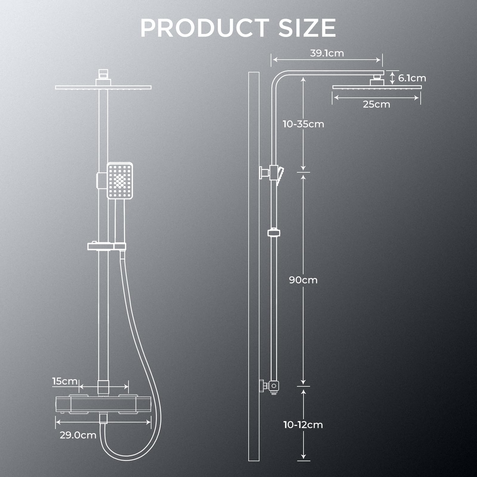 FORIOUS Set Grifo de Ducha Termostático, Set Columna de Ducha de Acero Inoxidable con Ducha de Lluvia Overhead Cuadrada de 25 cm, Ducha de Mano con 3 Tipos de Chorro,Barra de Ducha Ajustable en Altura