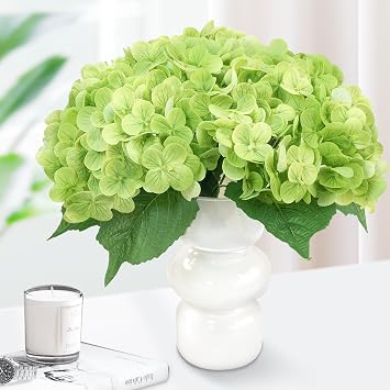 3 Pcs Artificial Hydrangeas with Vase Real Touch Flower Home and Living Room Green