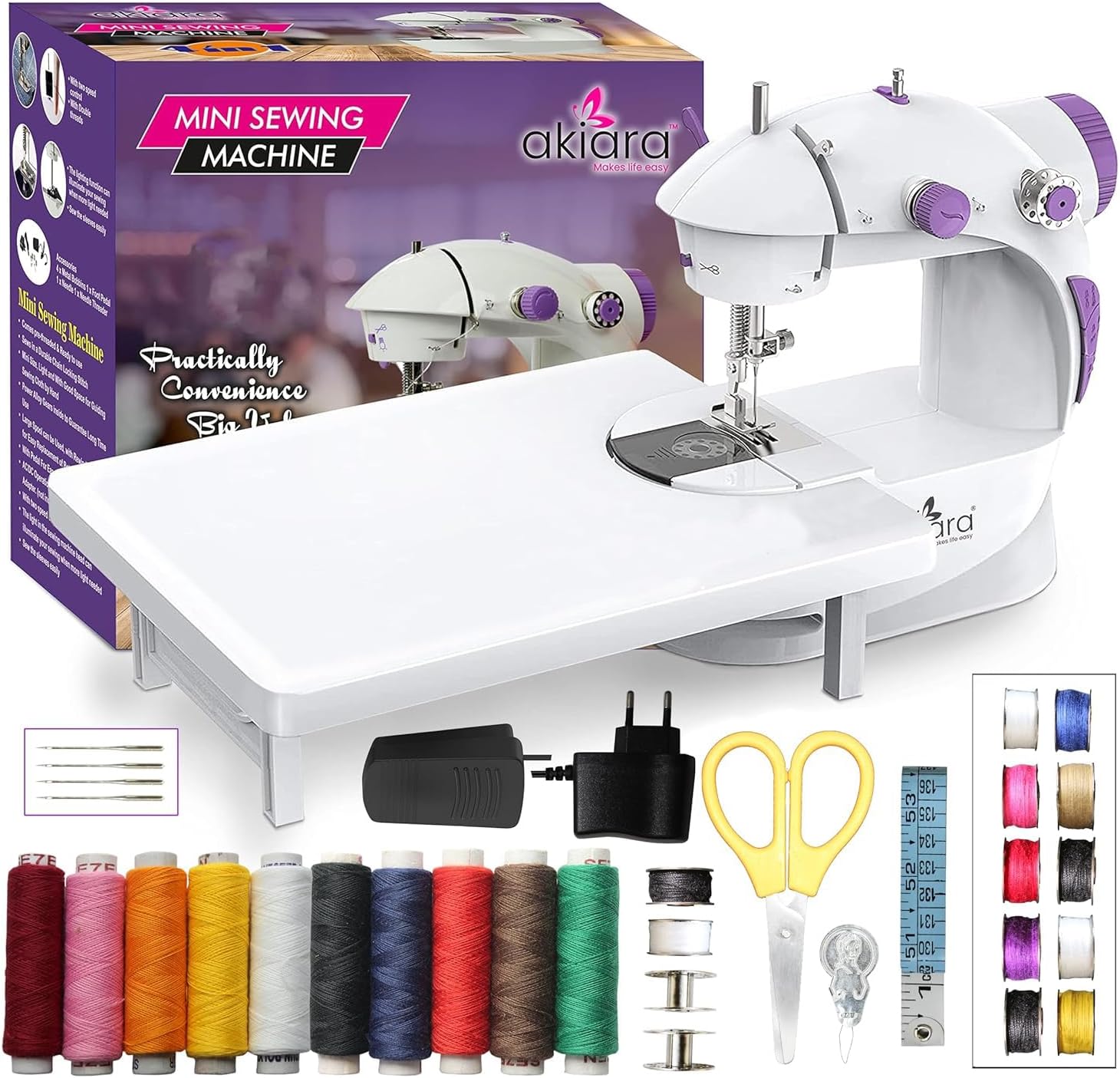Akiara - Makes life easy Mini Sewing Machine with Table Set | Tailoring Machine | Hand Sewing Machine with extension table, foot pedal, adapter, White… (With kit 1)