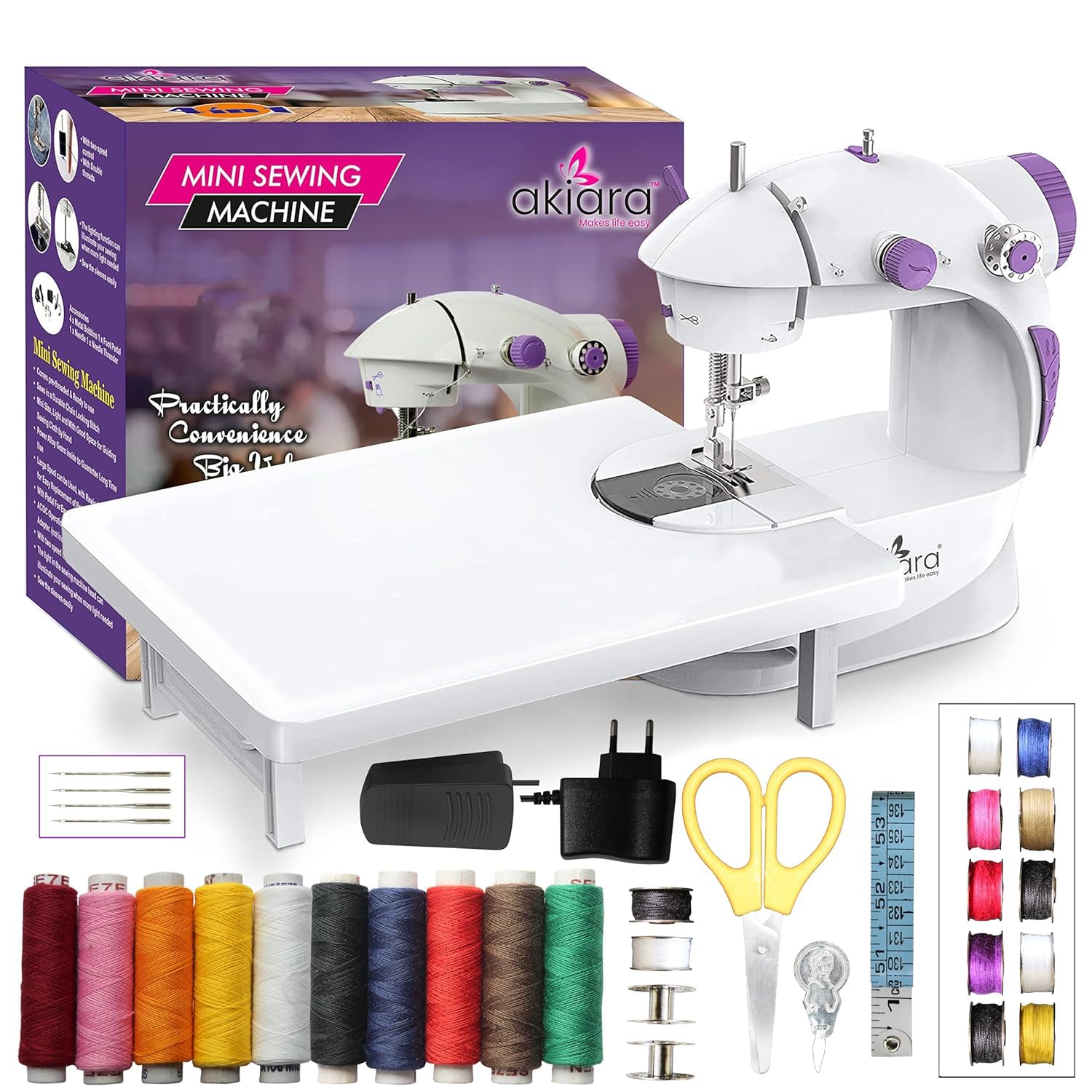 Akiara - Makes life easy Mini Sewing Machine with Table Set | Tailoring Machine | Hand Sewing Machine with extension table, foot pedal, adapter, White… (With kit 1)