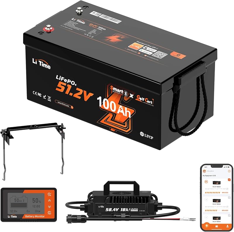 LiTime 48V(51.2V) 100Ah Golf Cart Lithium Battery, Support up to 5kW Motor, Perfect for Golf Carts, Bluetooth & Low-Temp Protection - Includes Charger, Monitor, Hold Down Kit | 200A Smart BMS,Support up to 5kW Motor,Low-Temp Protection - Includes Charger, Monitor, Hold Down Kit, 4000+ Deep Cycles