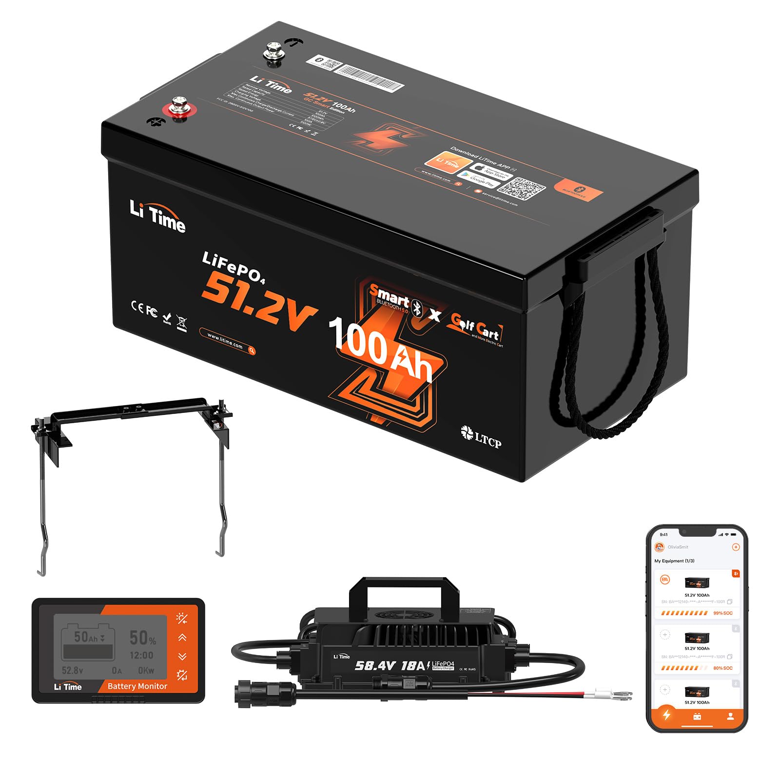 LiTime 48V 100Ah Lithium Golf Cart Battery with Charger, Built-in 200A BMS, Bluetooth & Low-Temp Protection, Support up to 5kW Motor, Perfect for Golf Carts