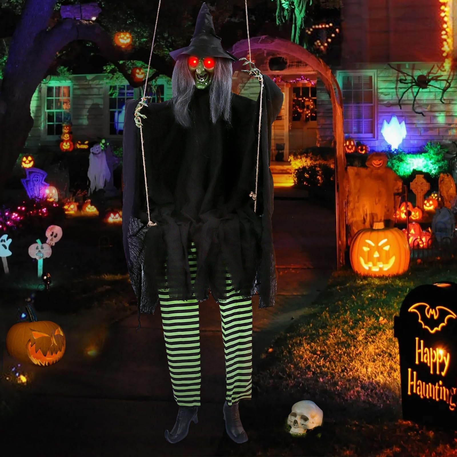 Aktywowana głosem huśtawka upiorna dekoracja ze światłem efekt dźwiękowy aktywowana ruchem huśtawka czarownica na Halloween dekoracja wisząca niesamowita manifestacja