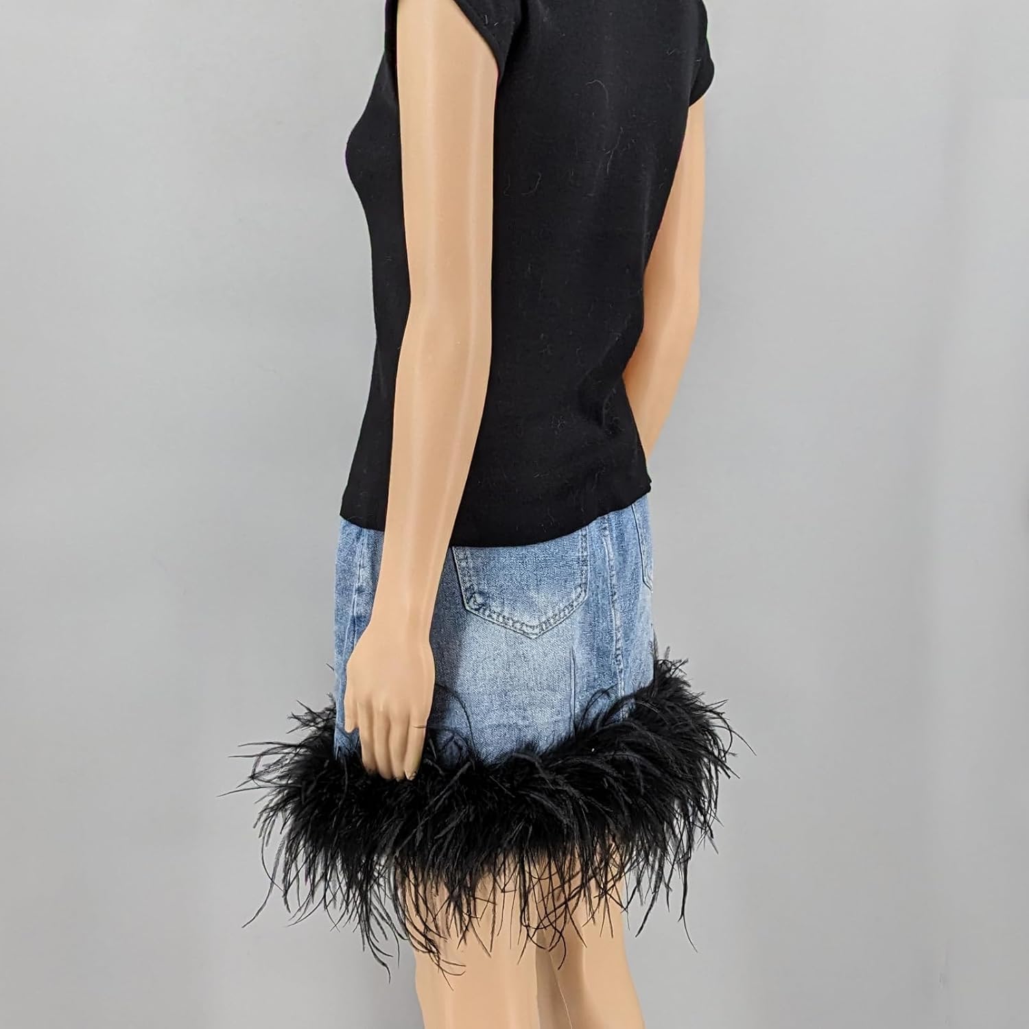 LVCOMEFF Women's Denim Skirt with Feather-Trimming Fringe High Waisted Mini Jean Skirt