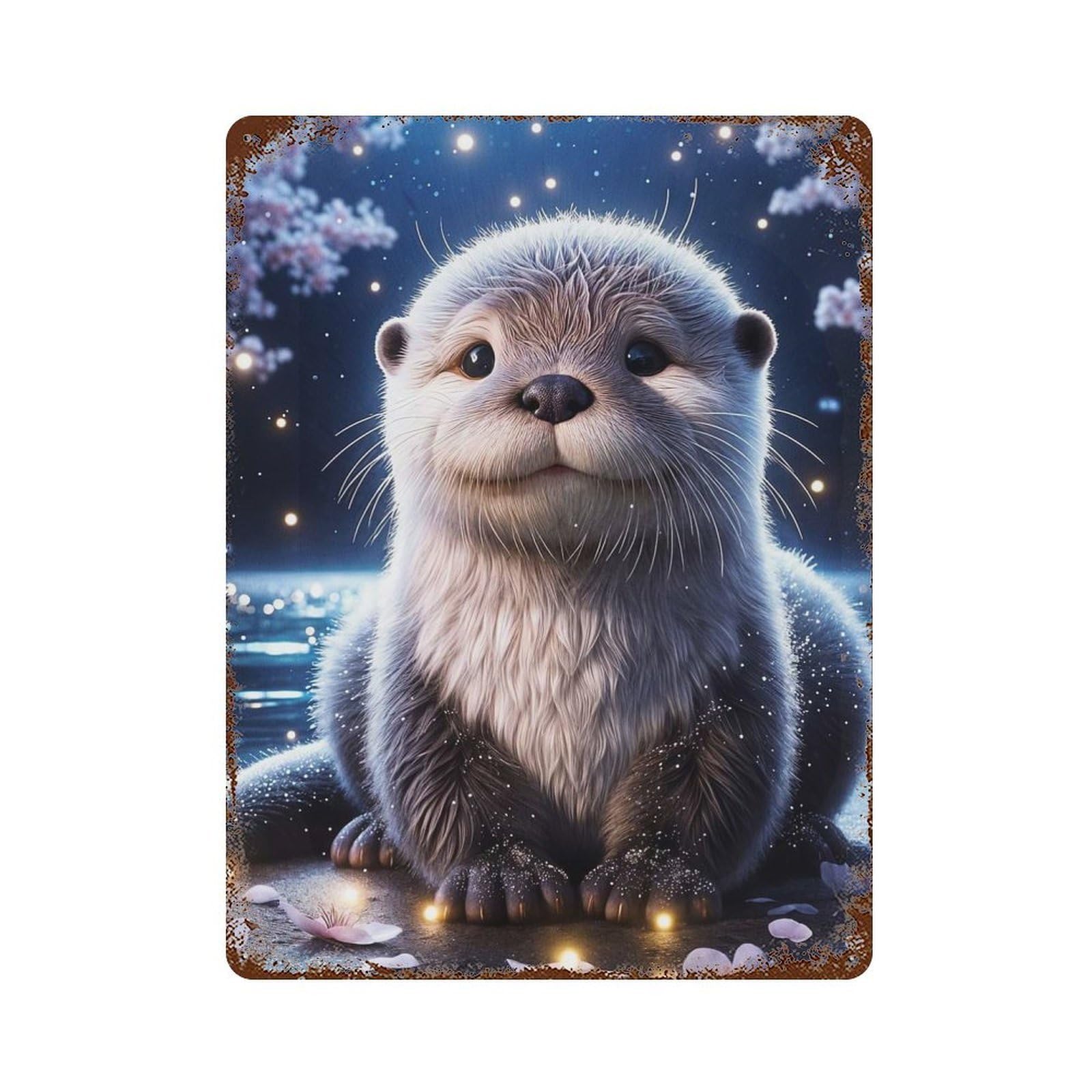 Cute Otter in Moonlight Aged Metal Wall Plaque 15.7"x11.8", Classic Wall Plaque for Garage, Pub Or Kitchen