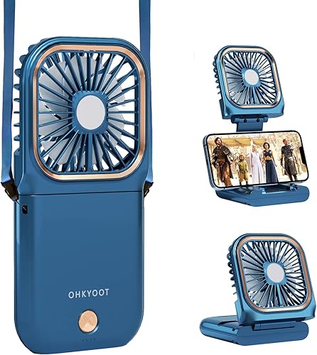 OHKYOOT Mini ventilador portátil de viaje 5 en 1 USB recargable pequeño como soporte para teléfono banco de energía ventilador de cuello ventilador