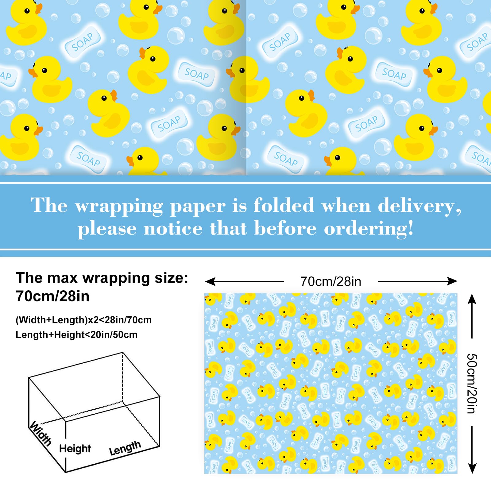 JarThenaAMCS 12 Blatt Gummi-Enten-Geschenkpapier – keine Rolle – Gelb / Blau Sommer Bubble Duck Geschenkpapier Kunstpapier für Weihnachten Geburtstag Babyparty Party Geschenk DIY Verpackungszubehör 50