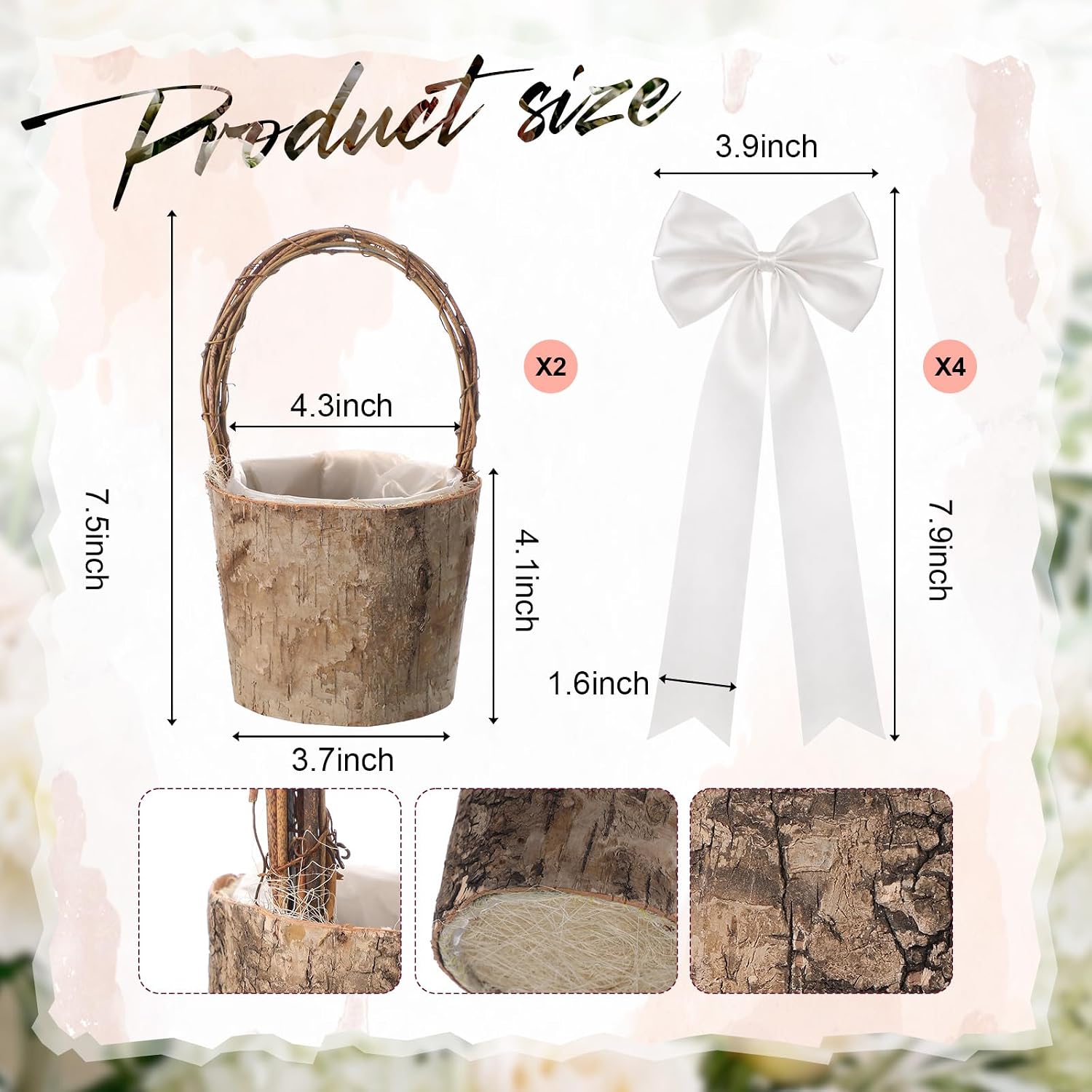 LemonRoad 2 Pcs Flower Girl Baskets with 4 Ribbon Bows, Natural Bark Flower Girl Basket Lightweight Wooden Rustic Country Wedding Accessories for Sweets, Gifts, Home Decor, Picnic(4.3 x 7.5 Inch)