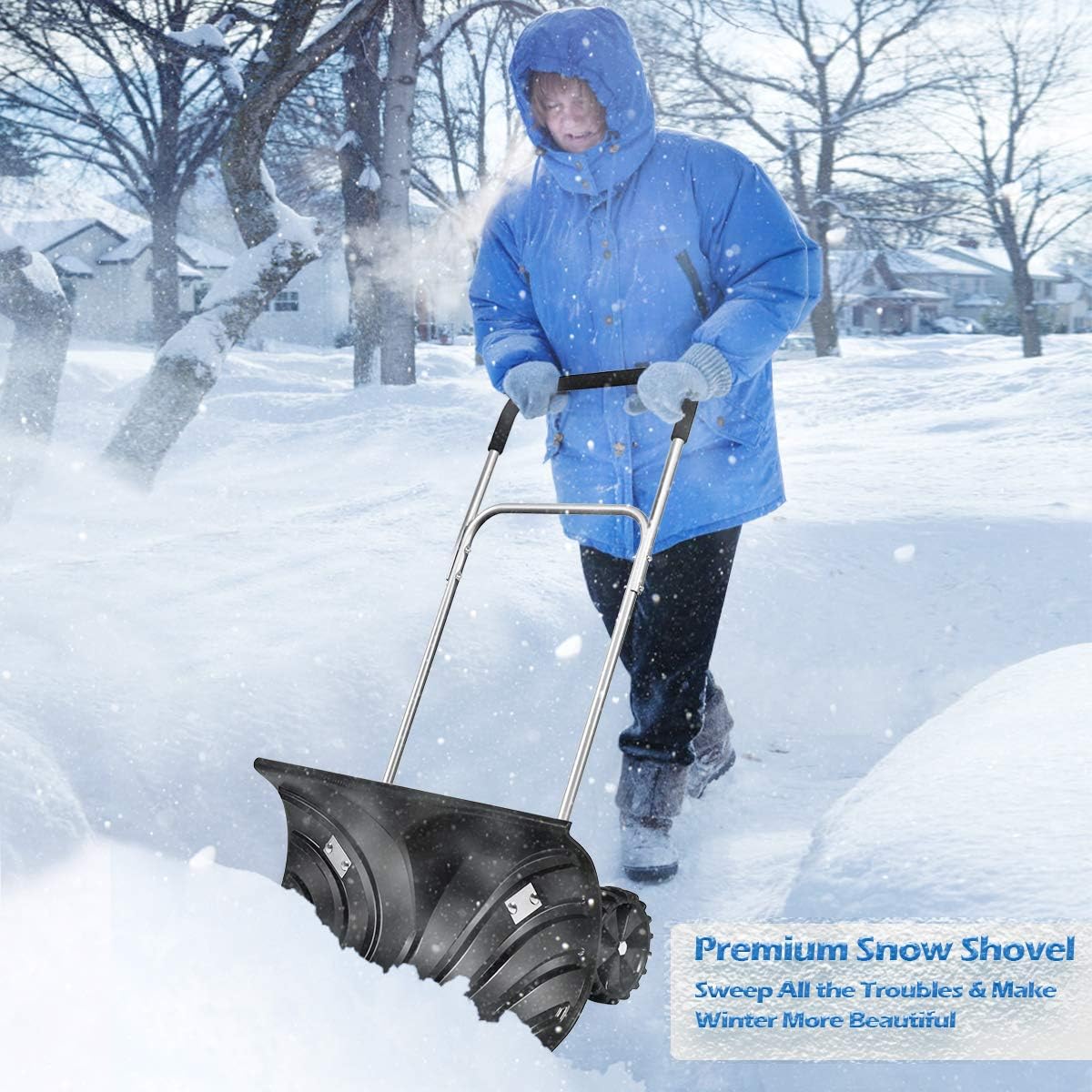 review Moccha Rolling Snow Pusher, Heavy-Duty Snow Shovel with User-Friendly EVA Covered Adjustable Handle and Anti-Skid Wheels, Snow Removal Tool, for Stoops, Decks, Patios, Walkways, Sidewalks