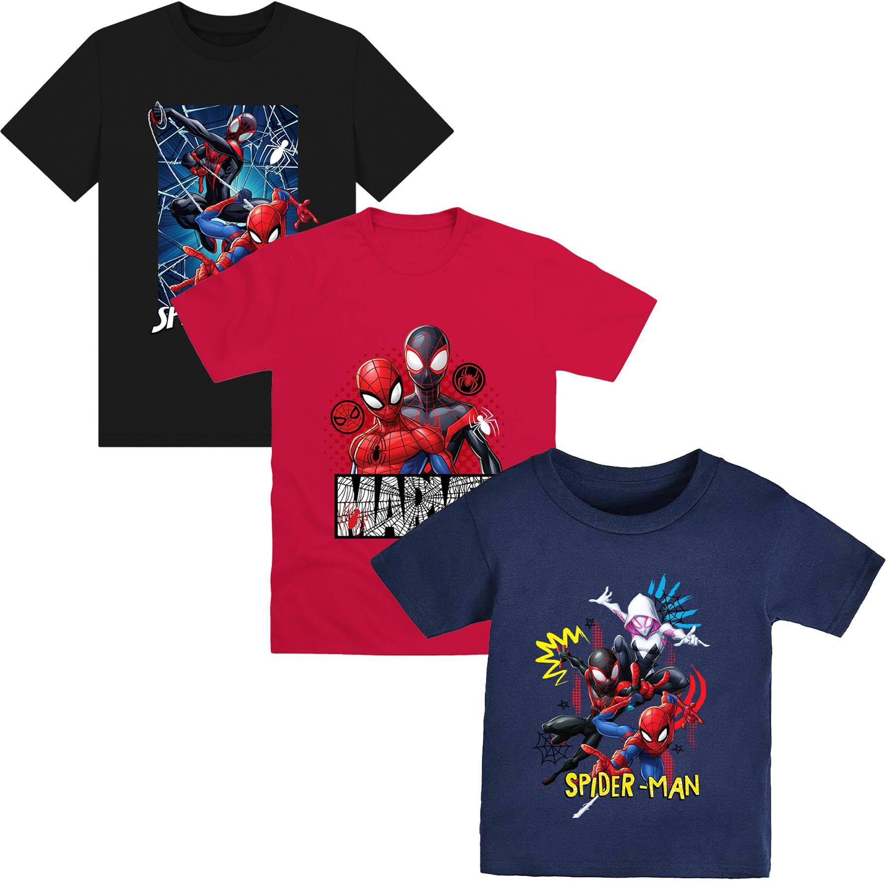 Disney Spiderman Design Spiderman 3-Pack Toddler And Kids T-Shirts – 100% Cotton, Multipack, Short Sleeve – Spiderman, Gwen Stacy, And Miles Morales Designs – Sizes 9-10 Years