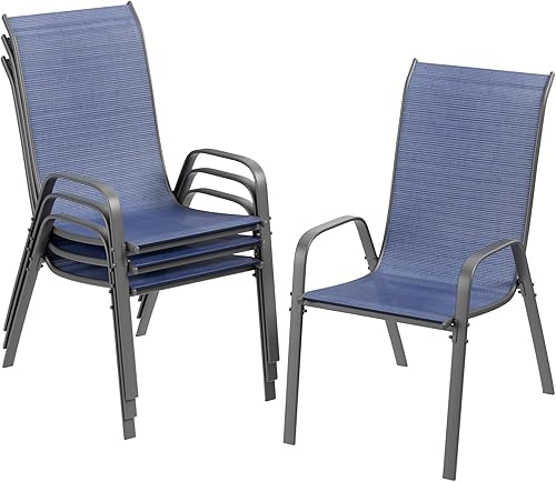 TLSUNNY Sillas de patio, muebles de comedor apilables de textileno para todo tipo de clima, con asiento de 17.7 pulgadas de ancho y marco de metal,