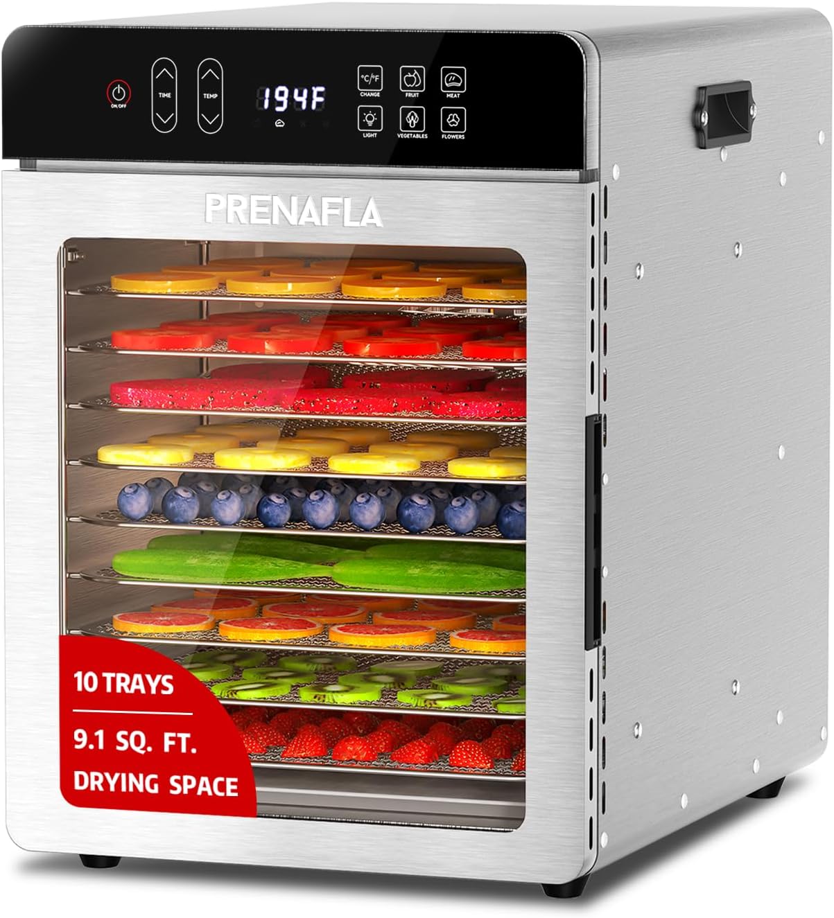 Food Dehydrator with 10 Stainless Steel Trays, 800W Commercial Dehydrator with 194℉ Temperature Control & 24H Digital Timer, Low Noise, 4 Presets, for Jerky, Herbs, Yogurt, Dog Treats