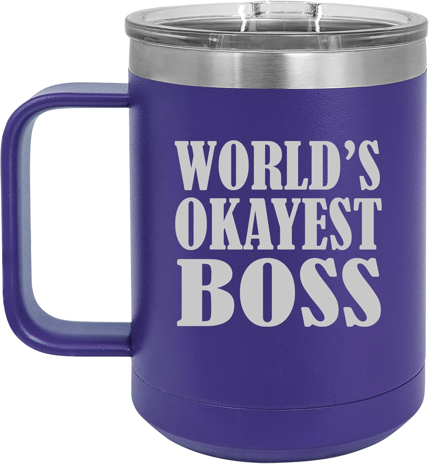 15 oz Tumbler Coffee Mug Travel Cup With Handle & Lid Vacuum Insulated Stainless Steel World's Okayest Boss Funny (Purple)