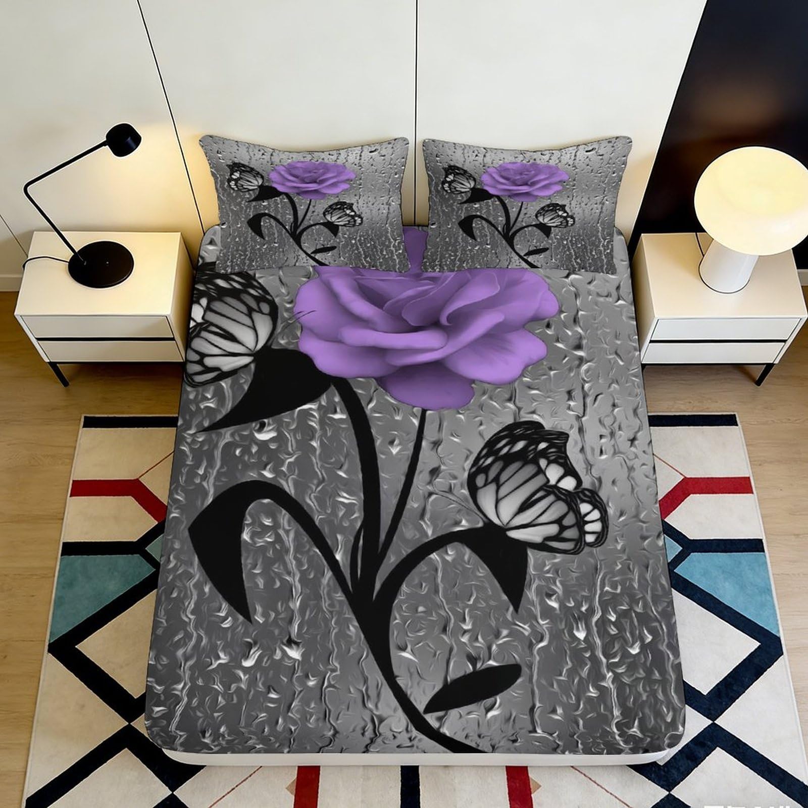 3D Printed Purple Rose Fitted Sheet Microfiber Slip-Resistant Butterfly Mattress Cover Bedroom Decor Machine Washable 200x200x25cm