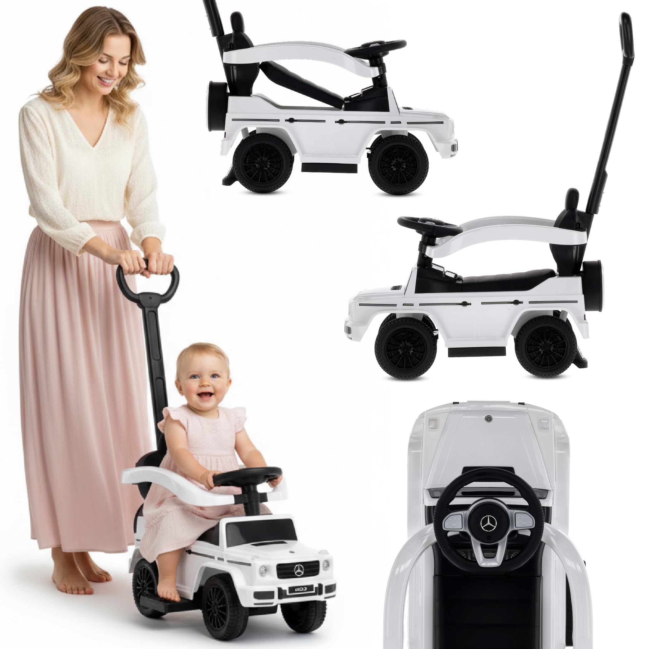 sun baby Macchinina Cavalcabile per Bambini licenza Mercedes Benz G, Macchina a spinta da 12 mesi, licenza, volante sonoro, sedile e ruote in plastica, maniglione di spinta (Bianco)