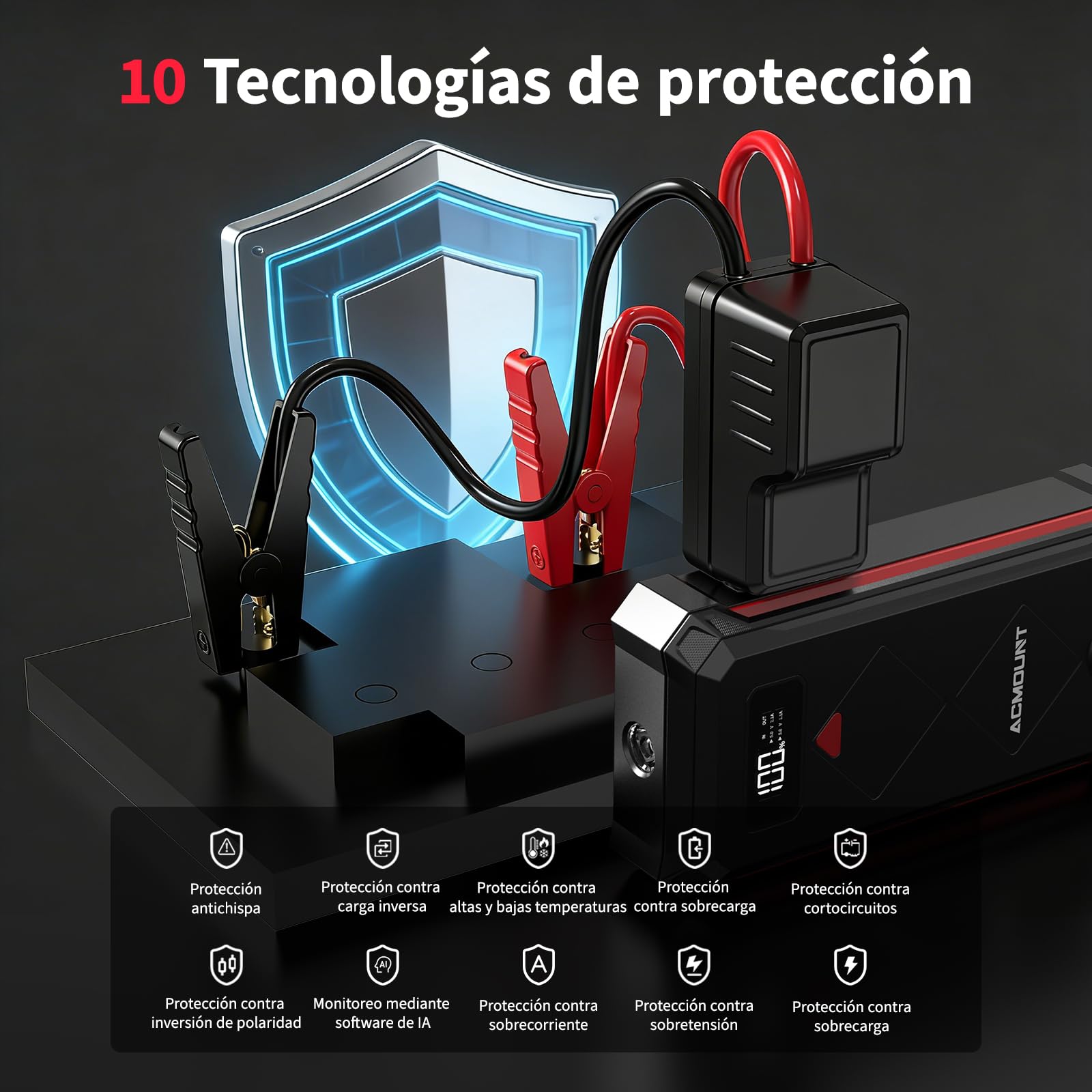 Arrancador de Coches 7000A, Arrancador de Baterias de Coche Booster Bateria 12V (hasta 12L Gasolina y 10L Diésel) con Pantalla LCD, Linterna LED de 600 Lúmenes