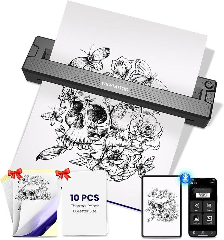 Impressora térmica portátil para estêncil de tatuagem WBWTATTOO T11, Bluetooth e USB, preta, com papéis de transferência