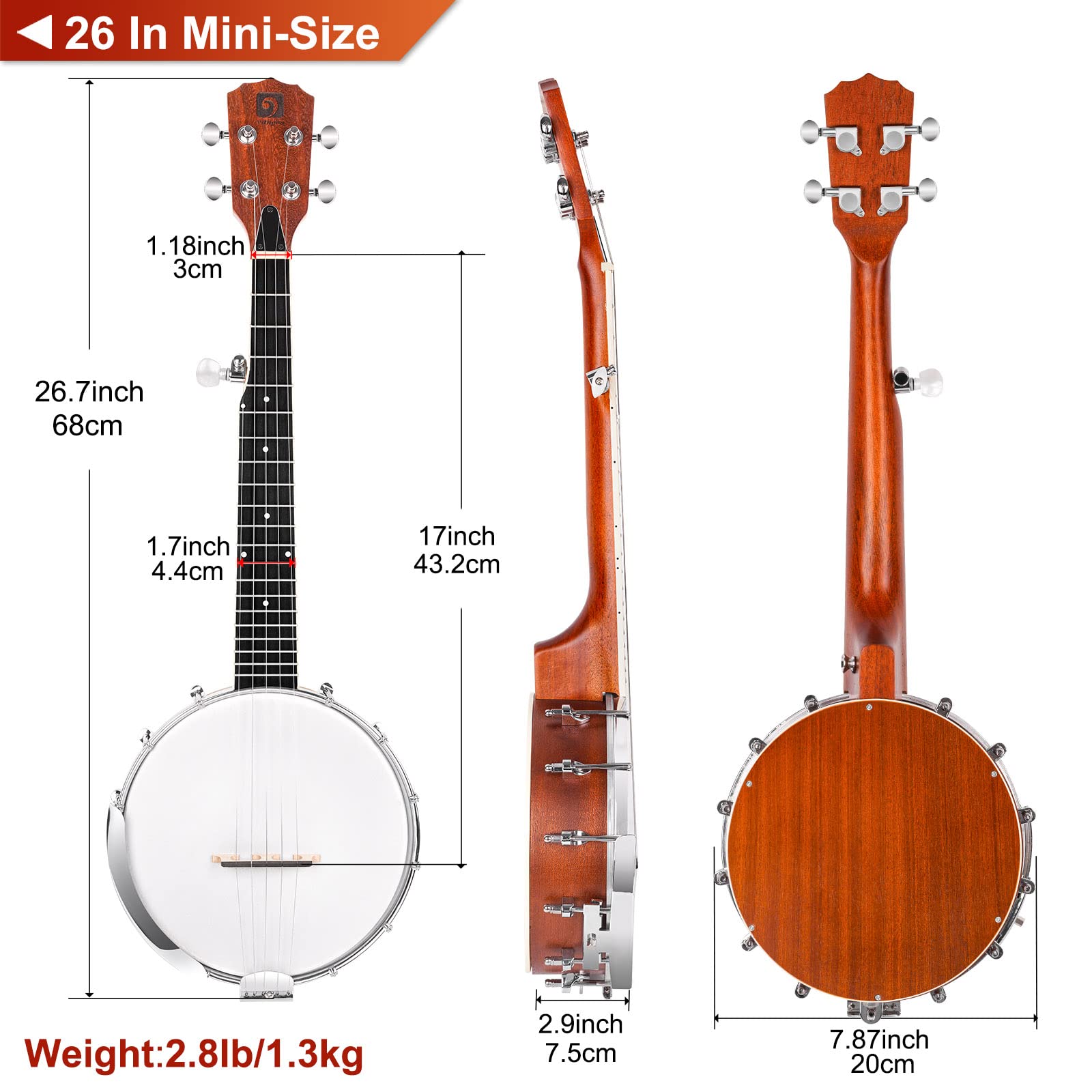 Vangoa Banjo Ténor 5 Cordes Solide à dos Fermé 26 Pouces avec kits pour Débutants