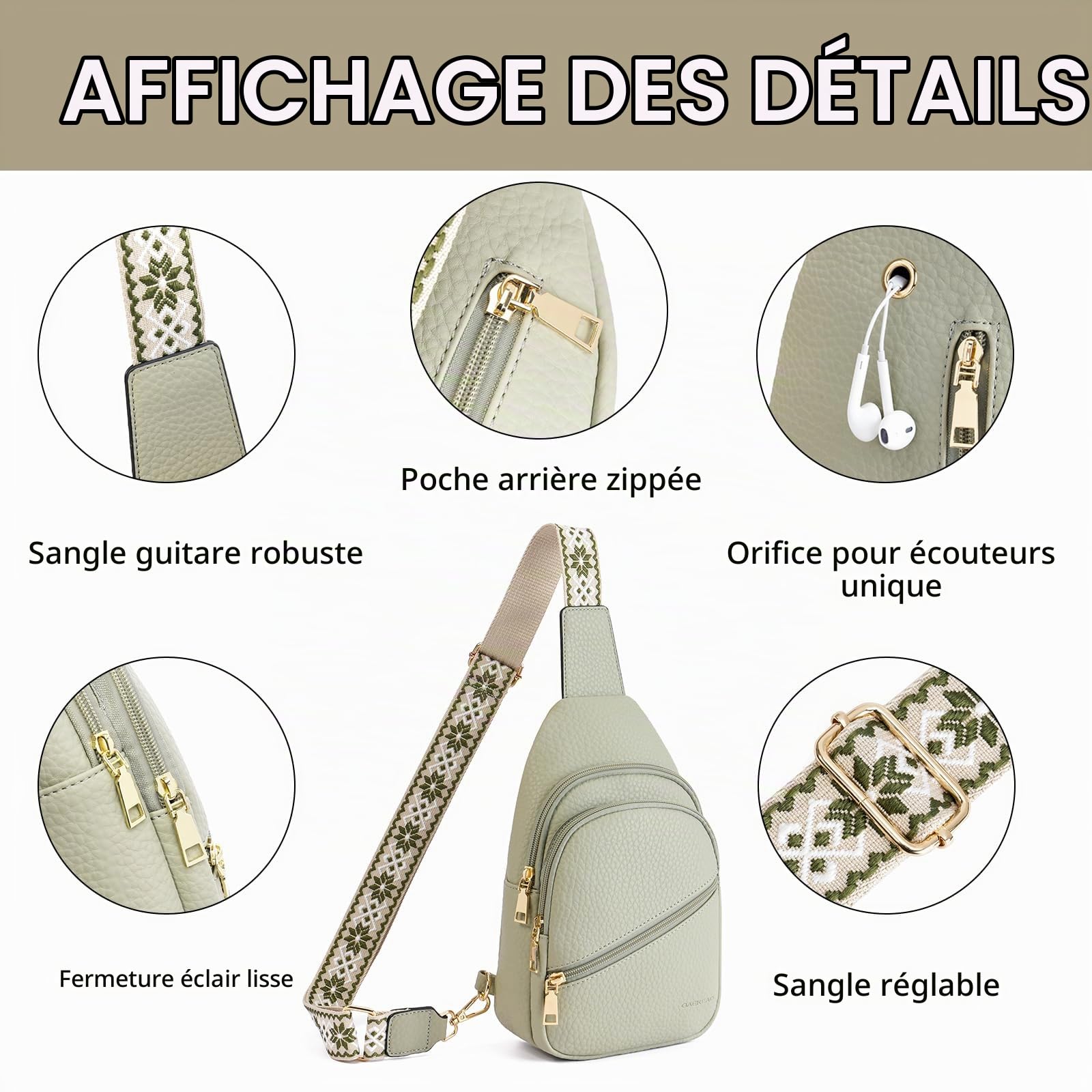 GAEKEAO Sacoche Bandoulière Femme, Sac Banane, Cuir PU Avec Bretelles Réglables, Mini Sac Bandoulière Décontracté Pour Voyage, Randonnée, Shopping Cadeaux Pour Dames