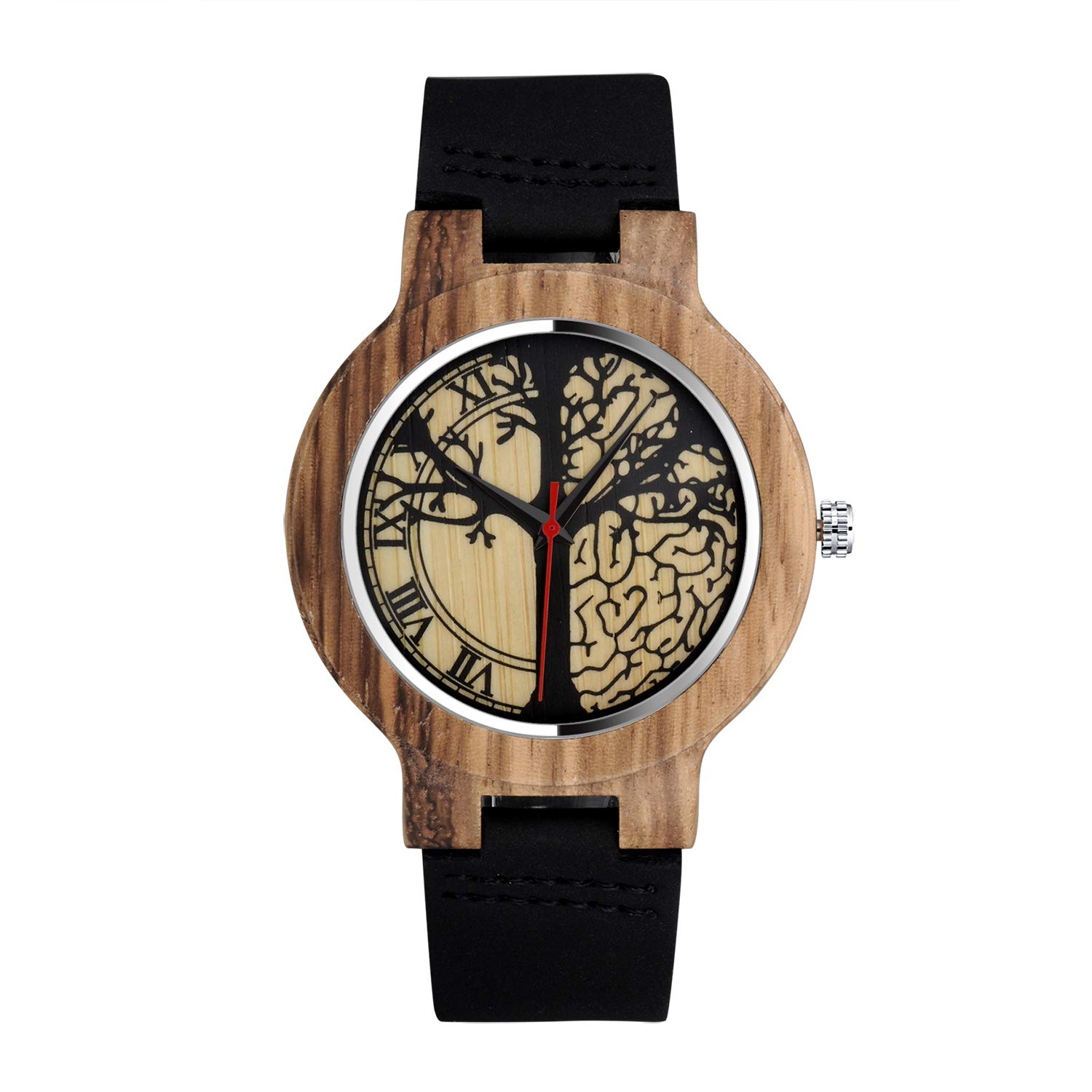 Unendlich UUnisex Bamboo Watch Black Leaf Tree of Life Wooden Watch Analogue Quartz Movement Wrist Watch Black Leather Strap for Men Husband Gifts