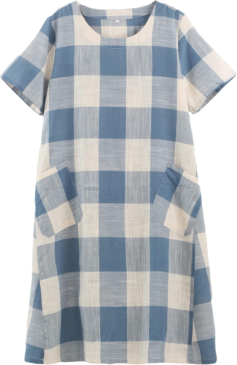 FTCayanz Women's Linen Shirt Dresses Summer Casual Short Sleeve Plaid Tunic Midi Dress