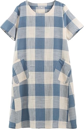 FTCayanz Vestido camisero de lino para mujer, vestido midi casual de manga corta a cuadros