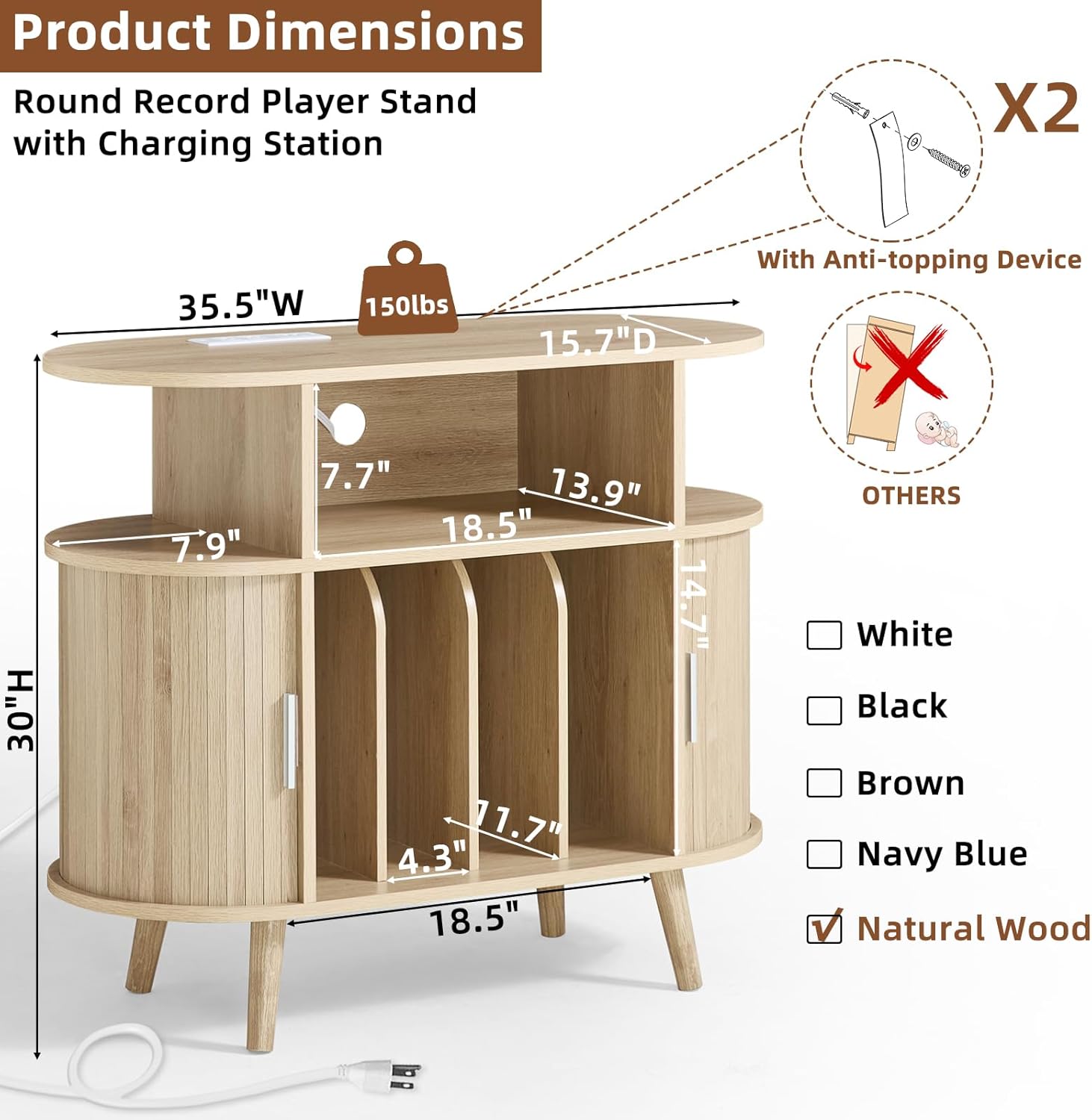 LELELINKY Large Round Record Player Stand with Charging Station & Fluted Display Shelf, Natural Mid Century Modern Turntable Cabinet with Vinyl Storage, Arched Wood Record Player Table for Living Room