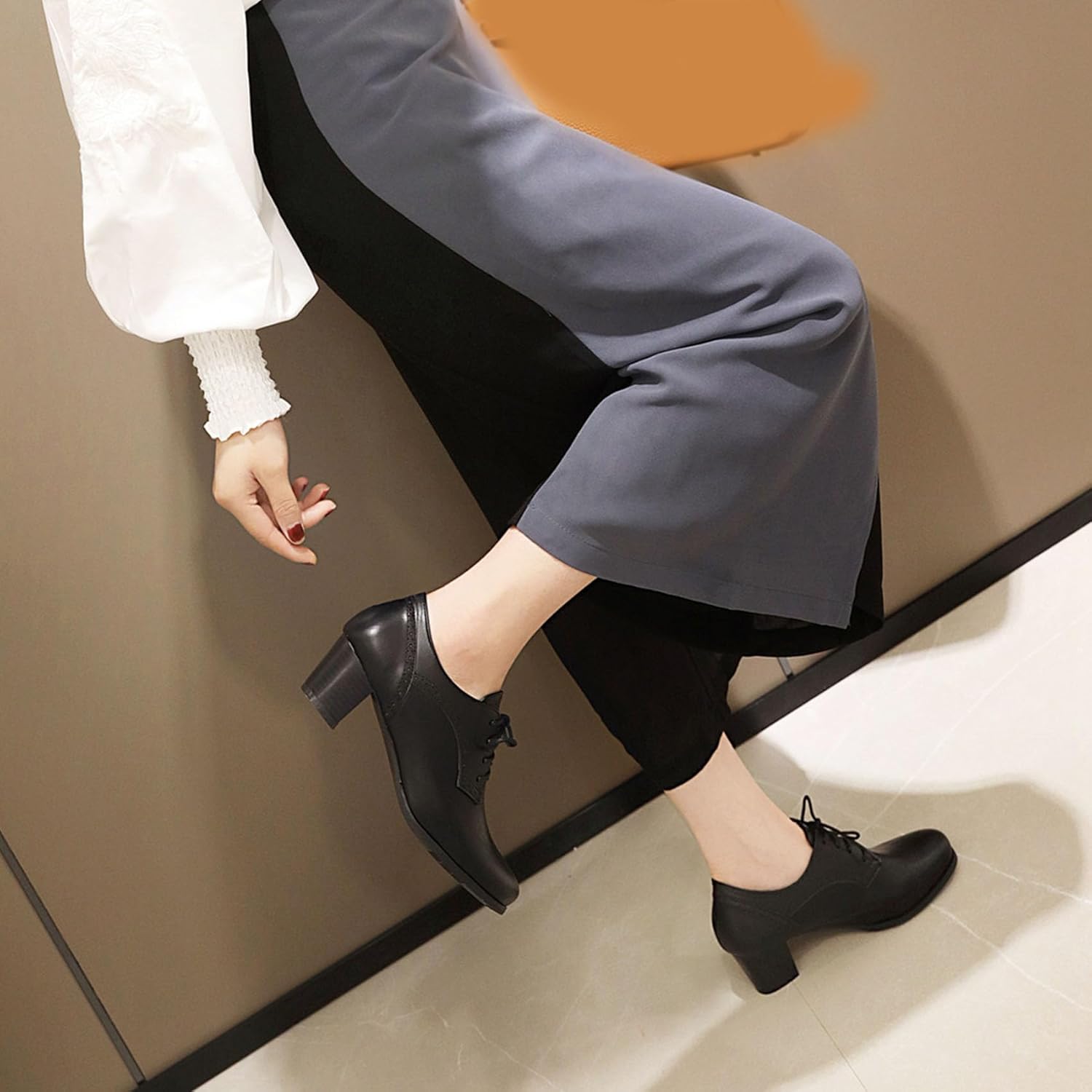 SHEMEE Women's Chunky Mid Heels Oxfords Vintage Round Square Toe Block Heeled Brogues Lace Up Work Office Daily Dress Shoes - Image 5