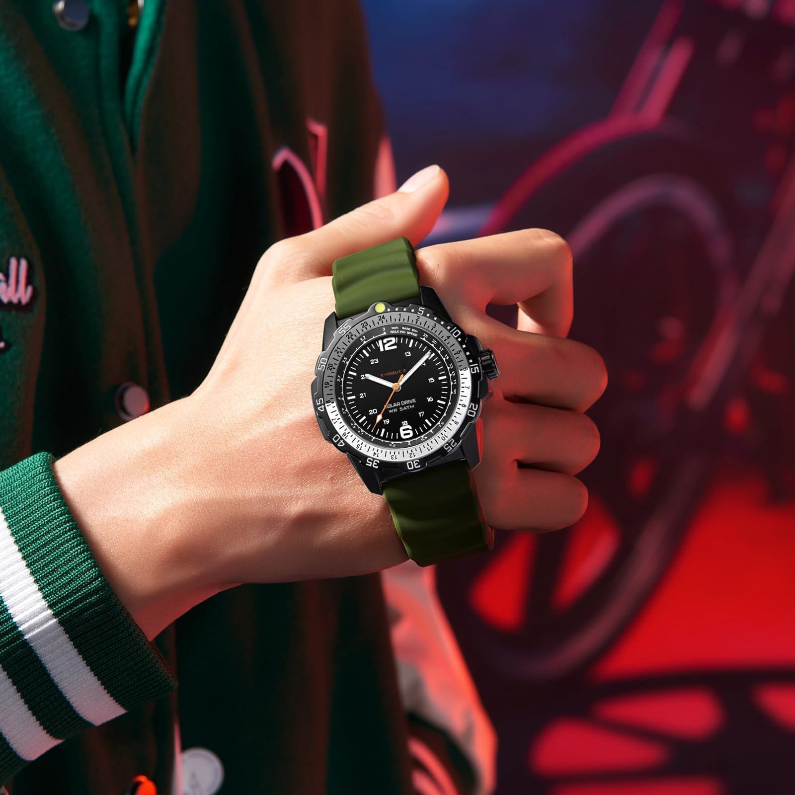 findtime Montre solaire analogique pour homme - Style industriel - Étanche - Tactique - Design cool - Lunette rotative unidirectionnelle - Bracelet en silicone - Boîtier en alliage