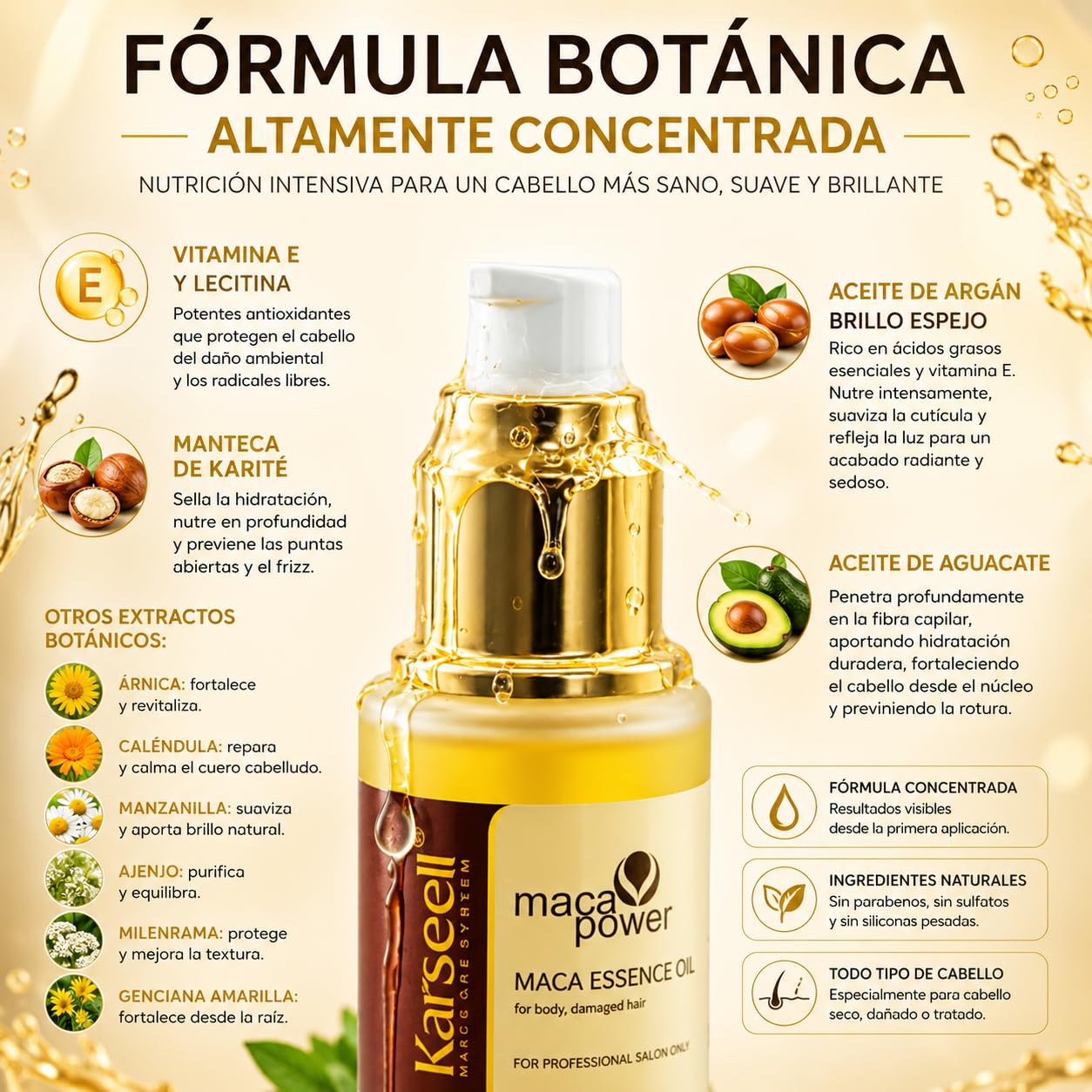 Karseell MACA CARE SYSTEM Sérum Capilar Profesional Aceite de Argán Karité Hidratación Reparación Brillo Antifrizz Alisado Nutritivo Puntas Abiertas Cabello Seco Dañado Teñido Rizado Sin Sulfatos 50ml