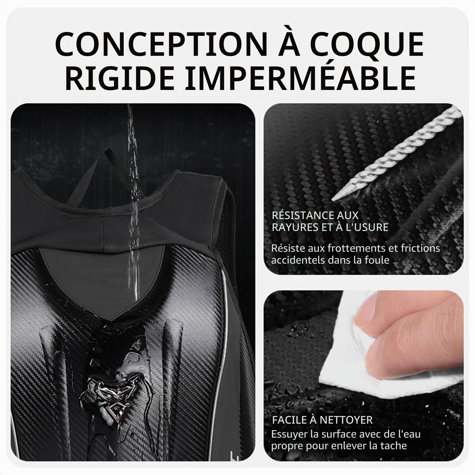 Sac à dos de moto 48 L étanche en fibre de carbone avec coque rigide réfléchissante