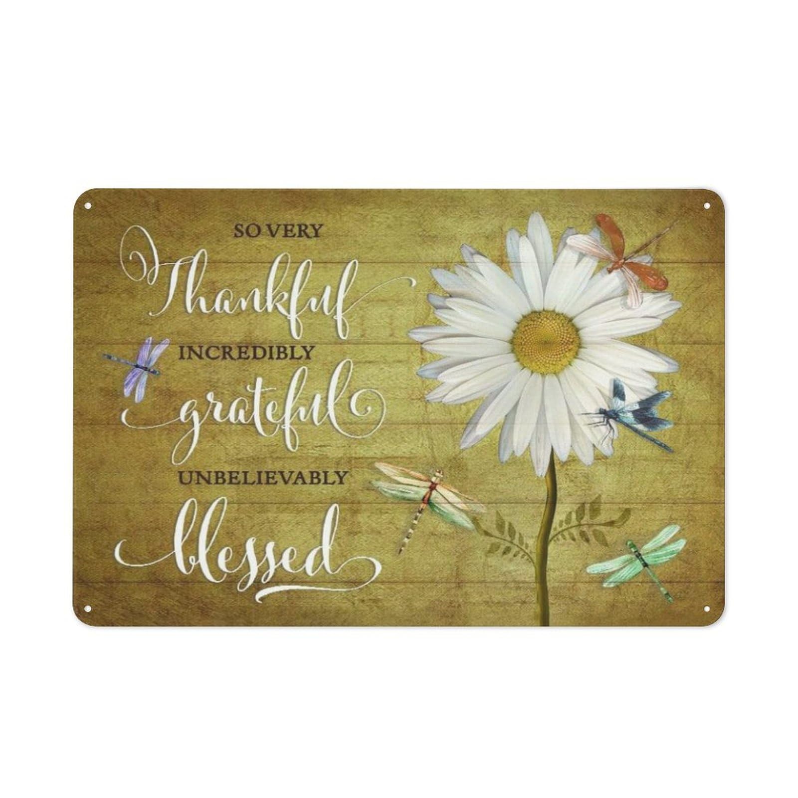 Rustic Metal Tin Sign, Dragonfly Thankful Theme Wall Art, Living Room Porch Farmhouse Decor 12x8 Inch