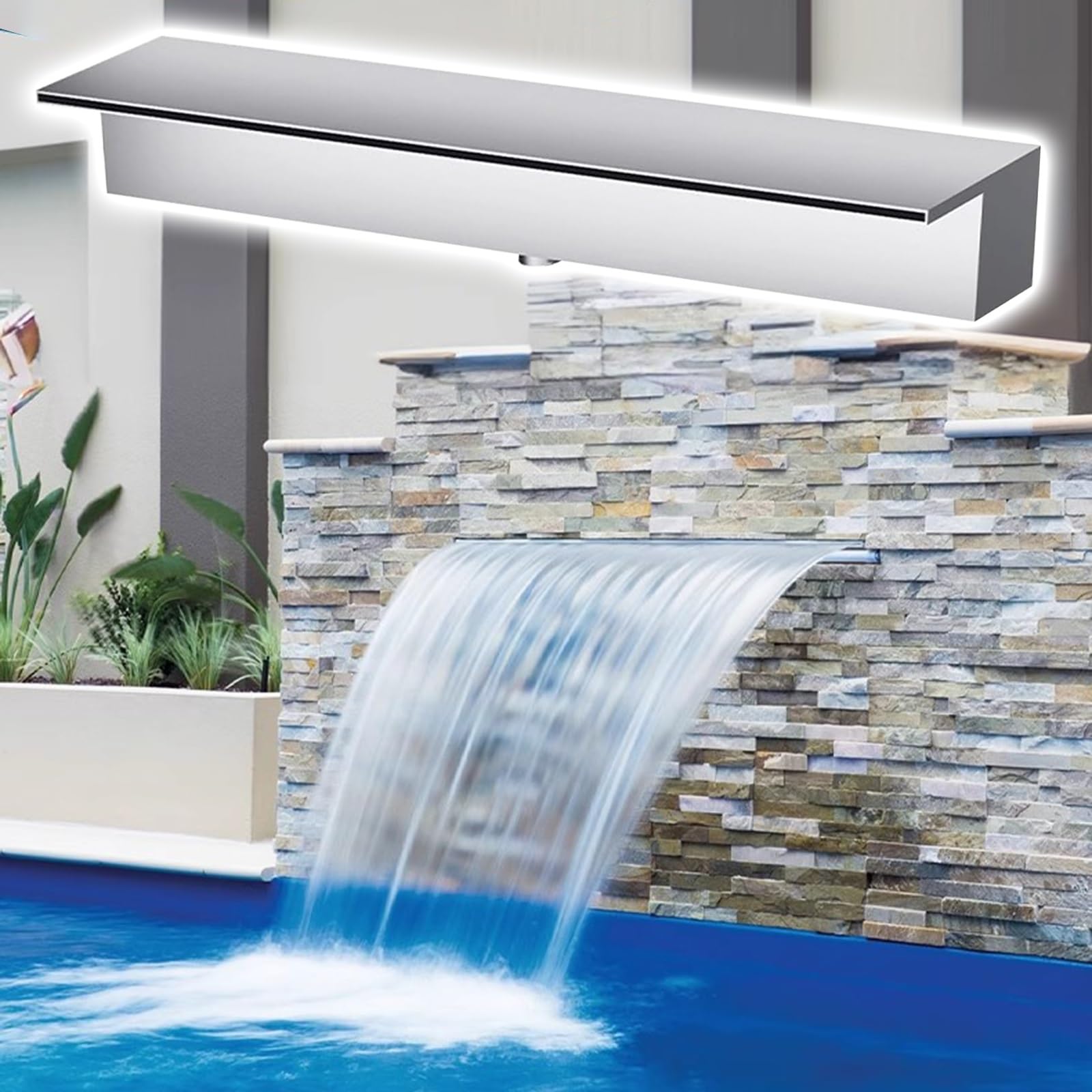 Generico Cascata a sfioro da 45 cm Resistente alla ruggine per laghetto di Koi - Elemento Acquatico da Esterno Durevole, Facile Installazione per Giardino Acquatico in Giardino, Finitura Argento