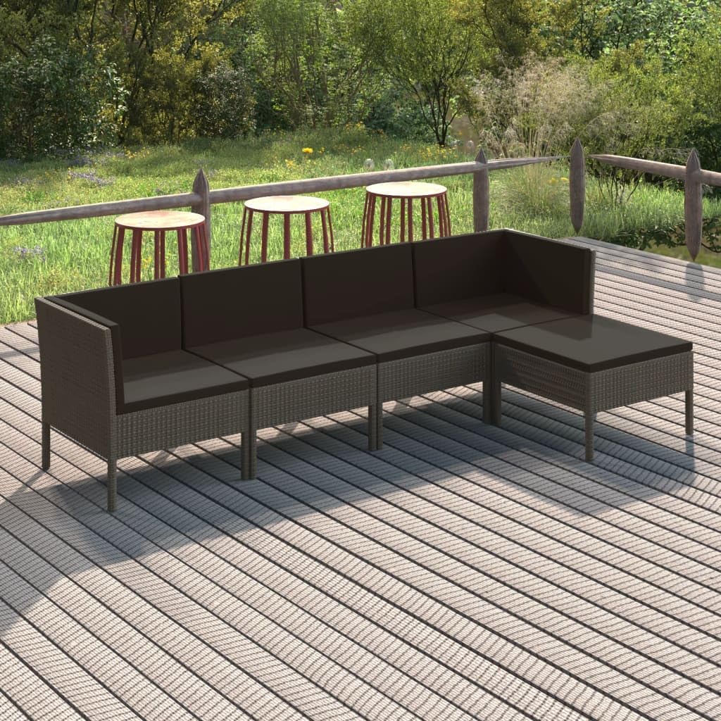 Salon de jardin 5 pièces en rotin synthétique gris avec coussins de terrasse