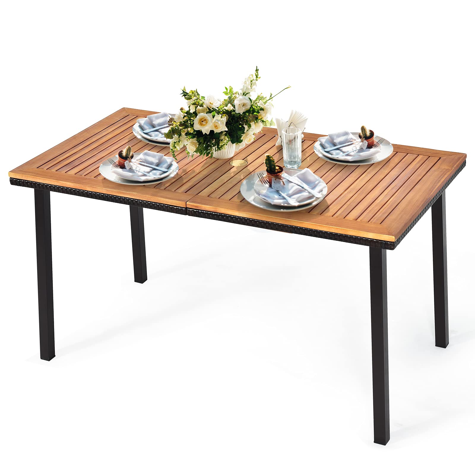 COSTWAY Mesa de Comedor de Madera de Acacia, Mesa de jardín con sombrilla y Marco de Acero, Adecuada para terraza, jardín, Patio, para 6-8 Personas, 140x75x76CM