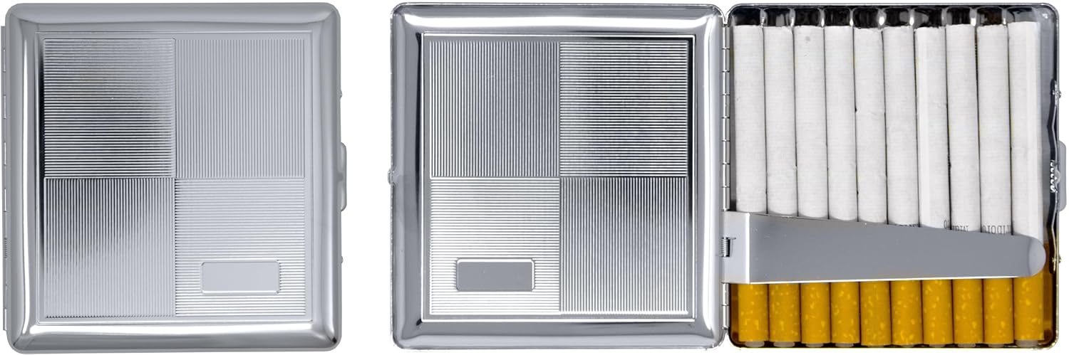 Set of 2 Compact Metal-Plated King Size Cigarette Case & Stash Box (Silver Abstract Brick)
