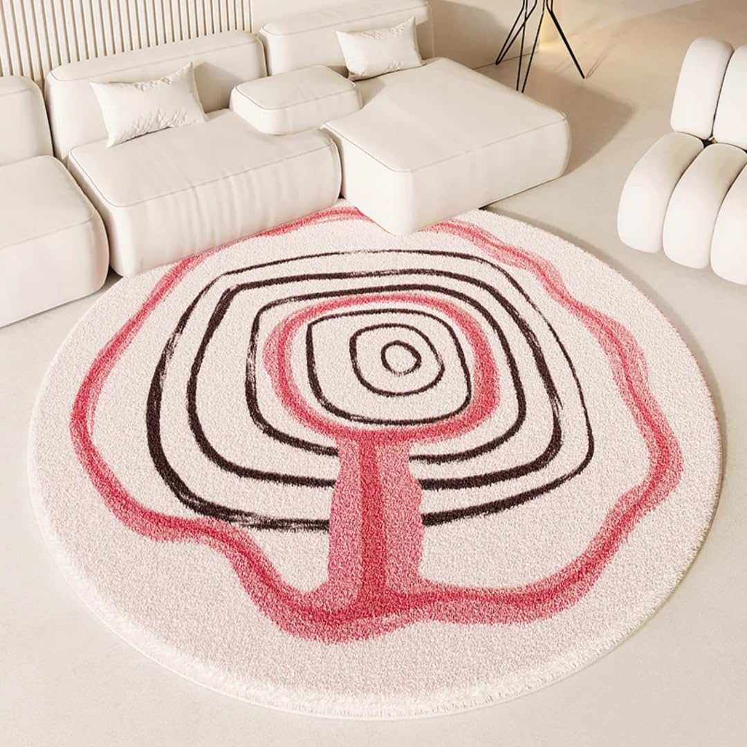 Tapis de sol rond en peluche rose 180x180 cm pour le salon et la chambre