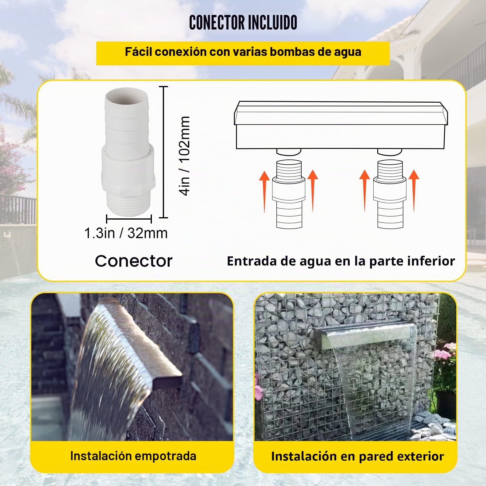 VEVOR Fuente de Cascada de Acero Inoxidable 60 x 11.4 x 7.8 CM Cascada de Agua de Acero Inoxidable Fuente de Cascada Cascada Agua Acero Inoxidable Fuente Rectangular para Piscina